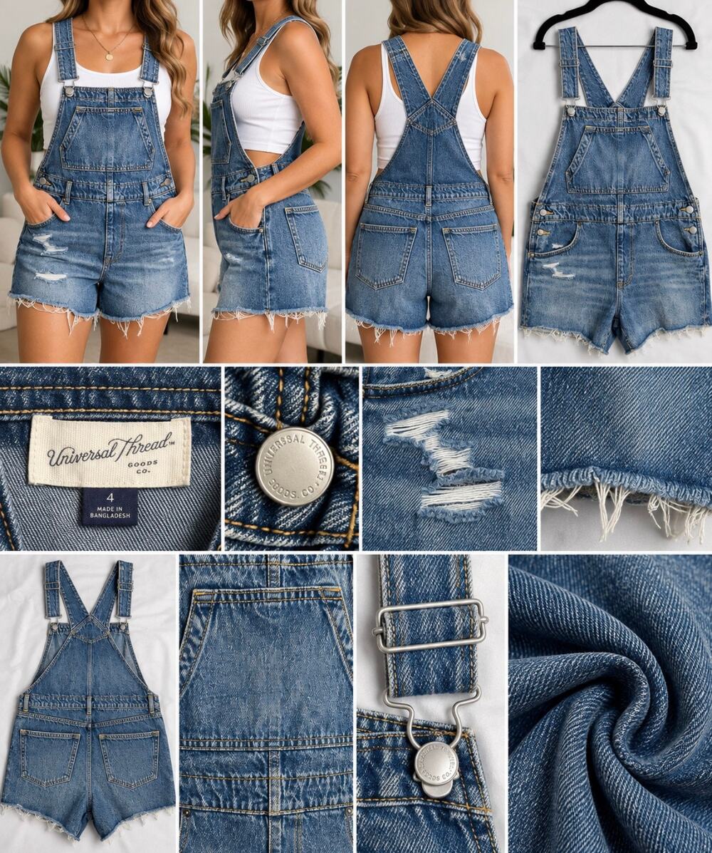 Universal Thread Denim Short Overalls Size 4 Distressed Cutoff Shortalls NWOT